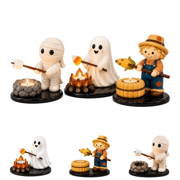 Glow-in-The-Dark Halloween Campfire Tealight Holder, Ghost Campfire Gathering Resin Statue, Cute Glow Dark Ghost Cat Halloween Ghost Figurine Table Ornament D