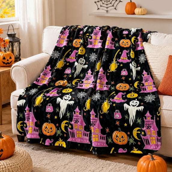 Glow in The Dark Halloween Throw Blanket,Cozy Fall Throw Blanket for Couch,Halloween Blanket for Home,1 Pack