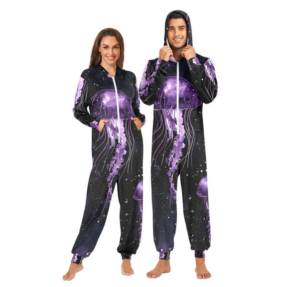 Glow in The Dark Jellyfish Adult onesie Pajamas, Crystal Velvet Ultra Soft Warm Jumpsuit for Men and Women