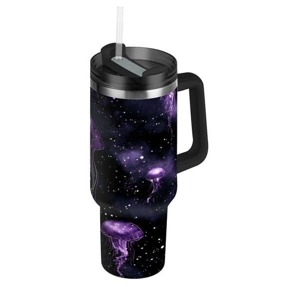 Glow in The Dark Jellyfish Insulated Tumblers 40oz Double-Walled Stainless Steel Handheld with Adjustable Handle