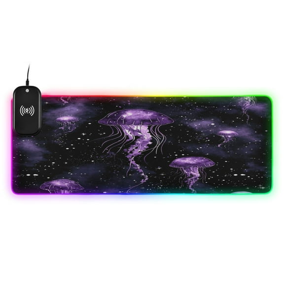 Glow in The Dark Jellyfish Wireless Charging RGB Gaming Mouse Pad 31.5x11.8in with 14 Lighting Modes and Non-Slip Base