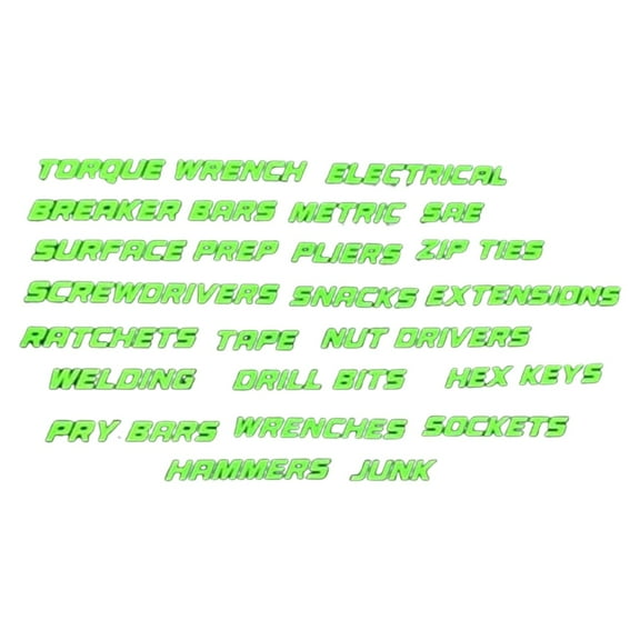 Glow in The Dark Magnetic Toolbox Labels – Flat Reusable Tool Drawer Tags for Garage Organization, Fluorescent Green & White, Easy to Read
