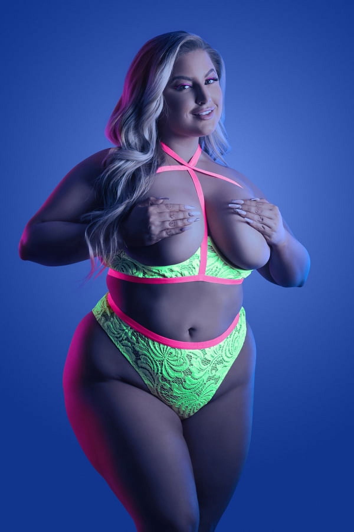 Glow in The Dark Open Cup Crotchless Bra & Panty Set Neon Rave