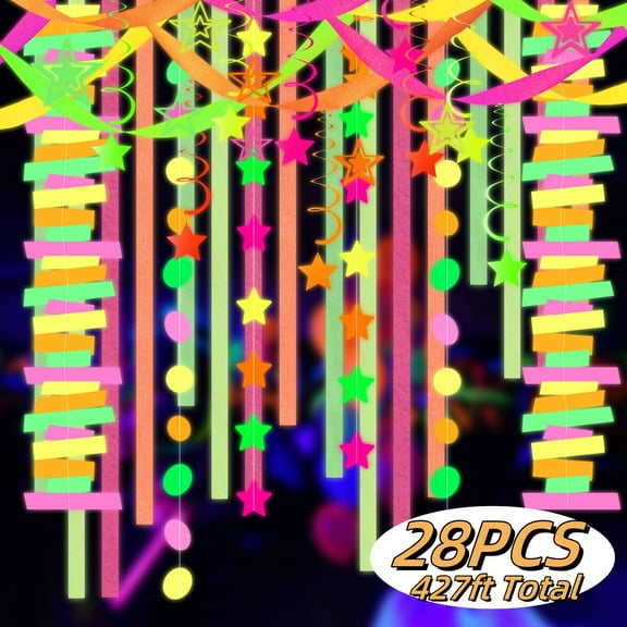 Glow in The Dark Party Supplies UV Neon Glow Crepe Paper Streamers Hanging Swirls for Birthday Wedding Neon Party Decorations Supplies 427ft Total