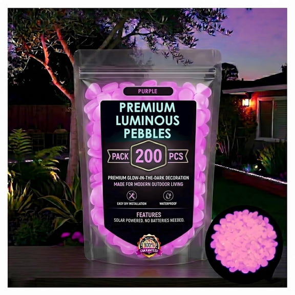 Glow in The Dark Rocks Outdoor, Luminous Landscaping Pebbles for Walkway Driveway Yard Patio, Blue Glow Garden Stones Night Guide (200, Purple) (K)