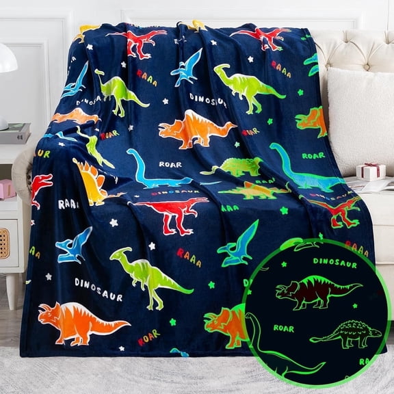 Glow in The Dark Throw Blanket,50" x 60"Dinosaur Luminous Plush Blankets Soft Glowing Throw Gift for Kids Girls Boys Teens Age 1-13 Years Old