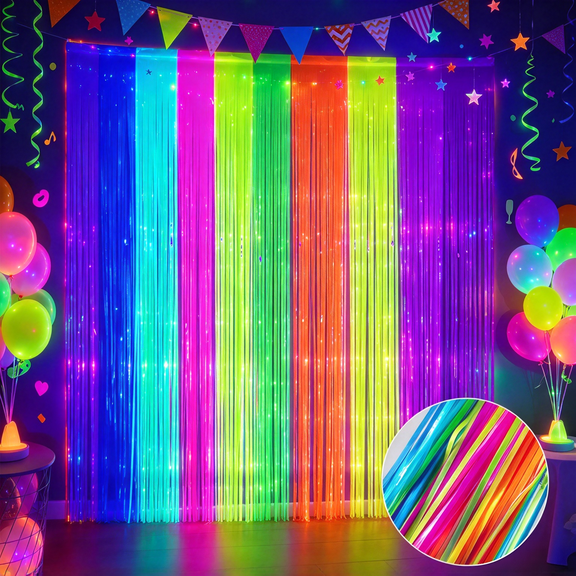 Glow in The Dark Tinsel Streamers for Fluorescent Party Decor, Birthdays, Weddings, and Blacklight Parties, 4 Pcs
