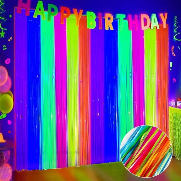 Glow in The Dark Tinsel Streamers for Fluorescent Party Decor, Birthdays, Weddings, and Blacklight Parties, 4 Pcs