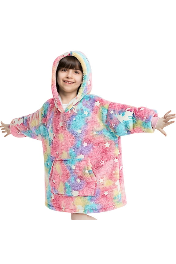 Glow in The Dark Wearable Blanket Hoodie for Kid, Oversized Hooded Wearable Blanket Sherpa, Soft Blanket Hooded Gift for Girls and Boys 3-6 Years