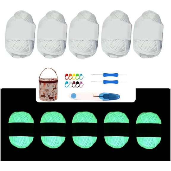 FNDEMSLA 5 Pcs Glow in The Dark Yarn for Crocheting, 275 Yards Polyester Yarn, Crochet Kit Beginners Kids and Adults, 1 Canvas Bag, 2 Hooks, Scissors, 10 Stitch Markers (White)