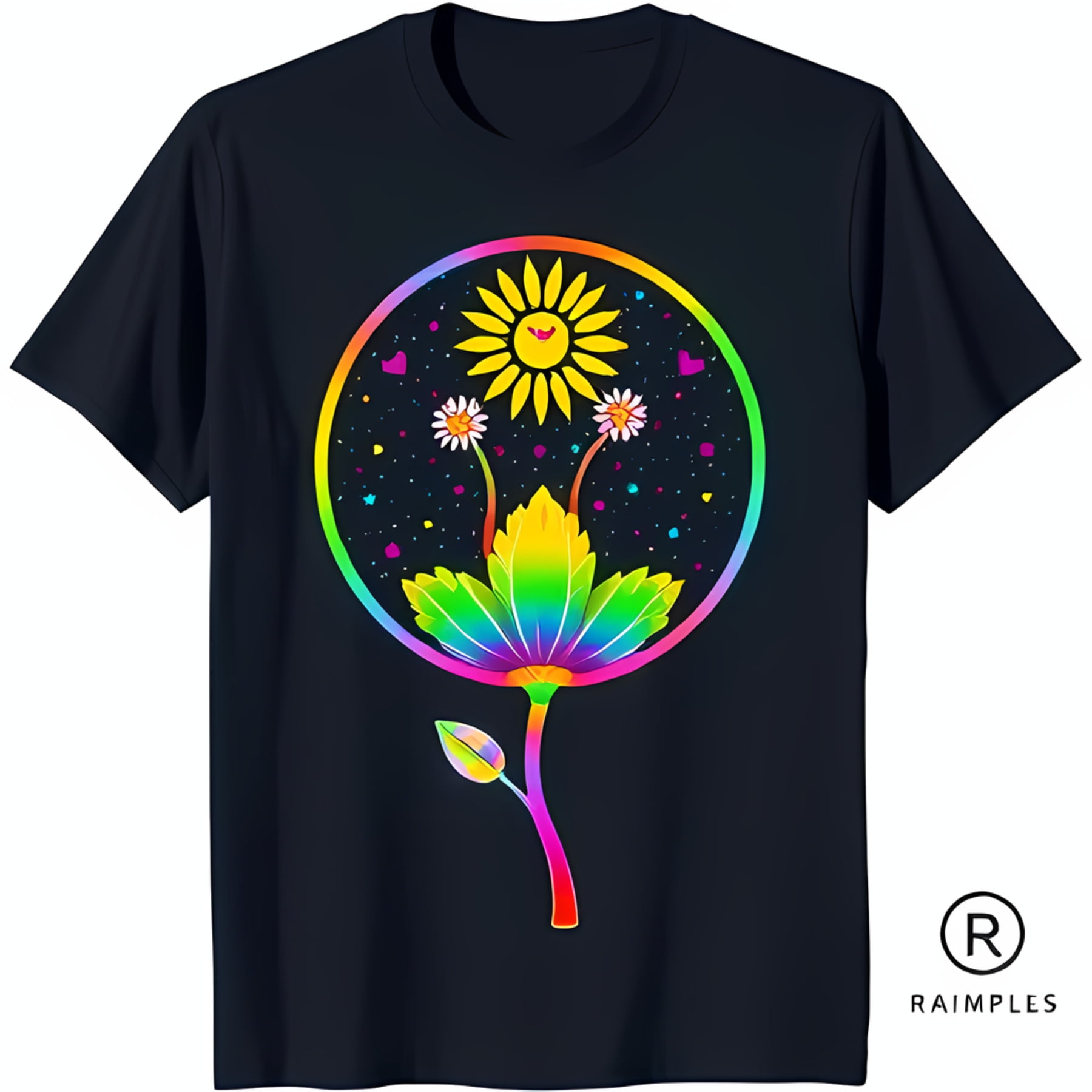 Glow in the Dark Black T-Shirt with Vibrant Rainbow Flower & Sunflower Graphic