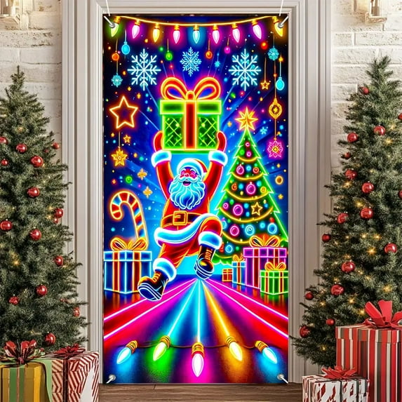 Glow in the Dark Christmas Door Cover, Santa and Tree Print Polyester Banner for Indoor Outdoor Decor, Festive Holiday Party Supply(B)
