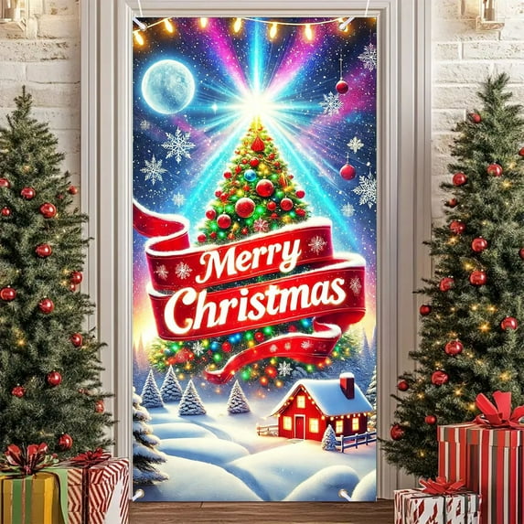 Glow in the Dark Christmas Door Cover, Santa and Tree Print Polyester Banner for Indoor Outdoor Decor, Festive Holiday Party Supply(C)