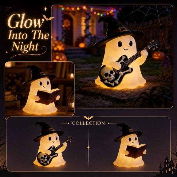 Glow-in-the-Dark Cute Ghost Figure with Guitar – Soft Warm Nightlight Decor for Kids’ Bedrooms, Dorms & Halloween Parties, Whimsical Desk Accent