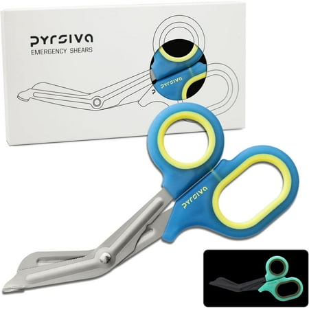Glow-in-the-Dark Emergency Trauma Shears by Pyrsiva | Bandage Scissors | Shears for Physicians, Nurses, EMTs, Paramedics, First-Aid, Vets | Durable, Titanized Blades | Rubberized Grips