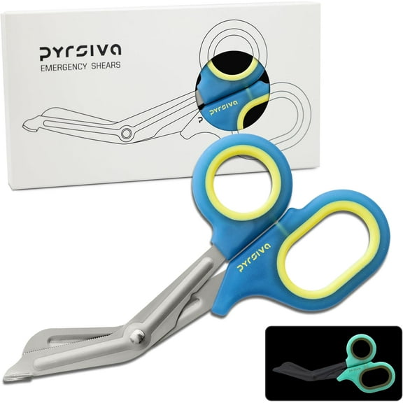 Glow-in-the-Dark Emergency Trauma Shears by Pyrsiva | Bandage Scissors | Shears for Physicians, Nurses, EMTs, Paramedics, First-Aid, Vets | Durable, Titanized Blades | Rubberized Grips