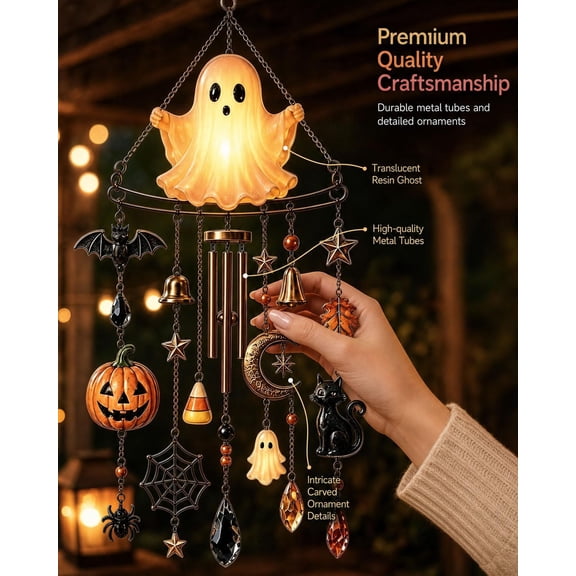 Glow-in-the-Dark Ghost Halloween Wind Chime, Lighted Ghost Outdoor Hanging Decor with Warm LED Glow, Soft Chime Bell Sound, Pumpkin Bat Cat Crystal Accents for Porch Patio Garden Tree Yard
