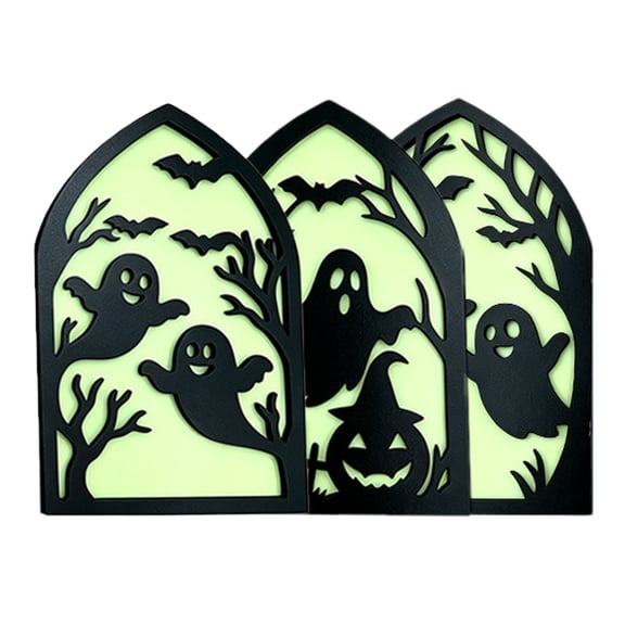 Glow-in-the-Dark Gothic Wooden Halloween Window Lamp, Folding Arch Cutout Ghost Witch Bat Shadow Box, Luminous Tabletop Seasonal Desk Decor