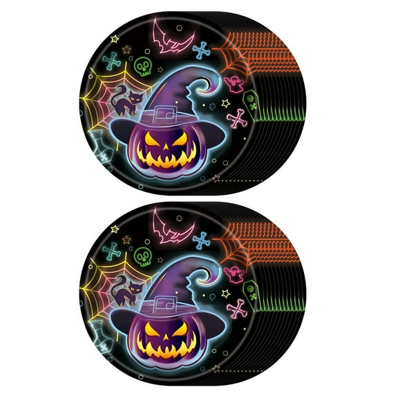 Glow-in-the-Dark Halloween Disposable Tableware Set - 24pc Spooky Print Plates Cups Napkins for Party Catering Dinner Candy Buffet Decorations