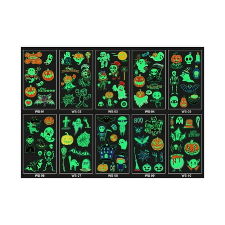 Glow in the Dark Halloween Temporary Tattoos for Kids - Luminous Washable Fluorescent Decals for Parties and Birthday Events - A