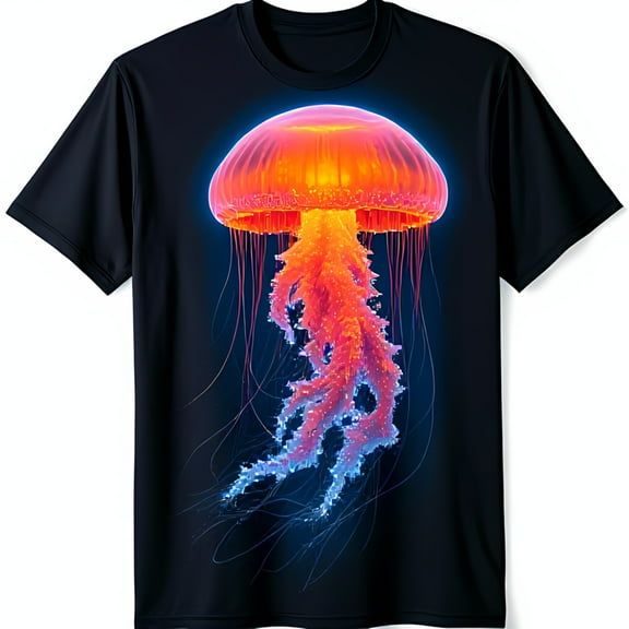 Glow in the Dark Jellyfish Graphic Black T-Shirt Vibrant Pink & Blue Design