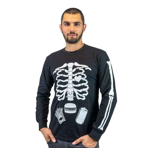 Glow in the Dark Men's Halloween Skeleton Long sleeve shirt ribcage bones funny food burger soda glowing shirt (Small Black)