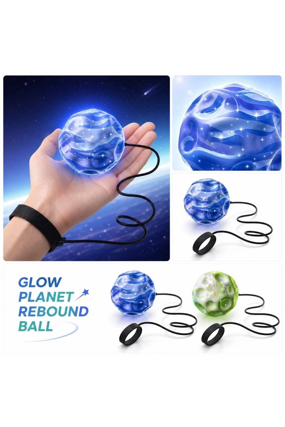 Glow-in-the-Dark Moon Bouncy Balls with Rope, Impact Resistant Plastic Bounceback Ball, Portable Hand-Eye Coordination Toy for Active Play and Outdoor Games (Green)