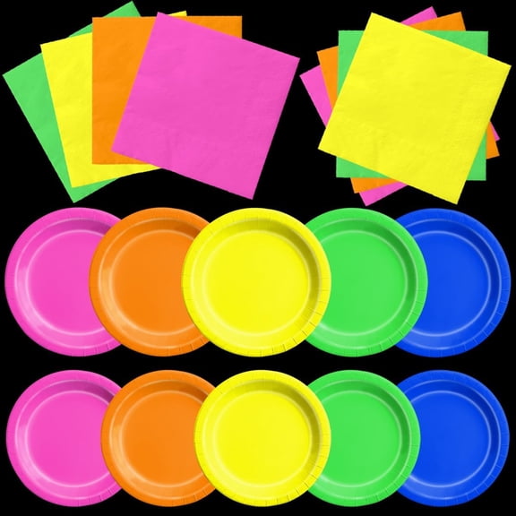 Glow in the Dark Party Supplies - 60Pcs Neon Party Plates & Napkins Set 80s Neon Let's Glow Themed Tableware for Birthday
