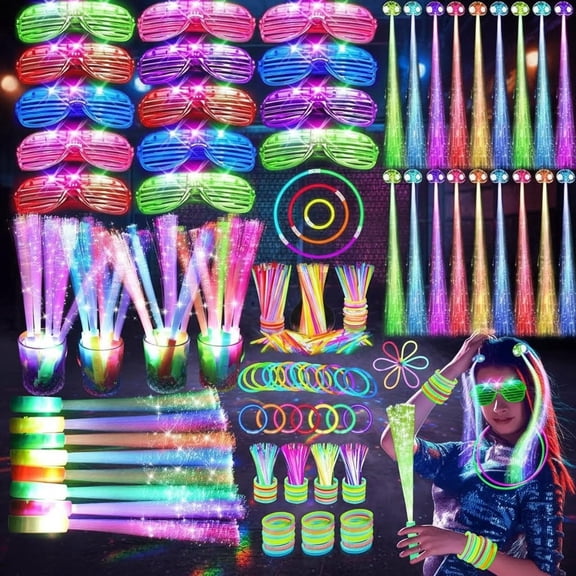 Glow in the Dark Party Supplies, Fiber Optic Wands, LED Glasses, Glow Sticks and LED Hair Clips for Party, Wedding, Birthday, Concert, New Year