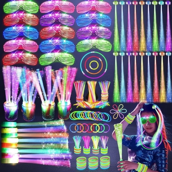 Glow in the Dark Party Supplies, Fiber Optic Wands, LED Glasses, Glow Sticks and LED Hair Clips for Party, Wedding, Birthday, Concert, New Year