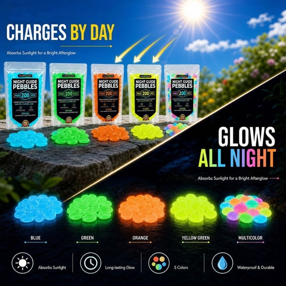 Glow in the Dark Pebbles, 200PCS Multi-Colored Glowing Stones, Decorative Rocks for Garden Aquarium Walkway Plants Pots Bonsai (Orange)