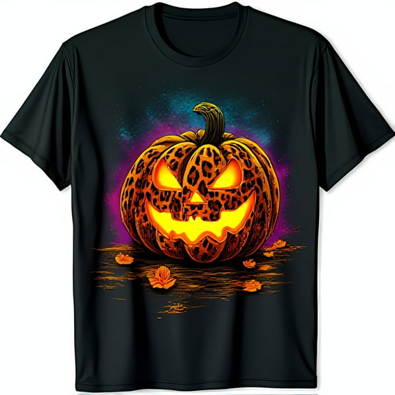 Glow in the Dark Print O Black T-Shirt with Leaves