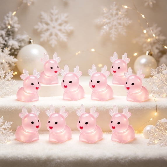Glow-in-the-Dark Reindeer Figurines, 10-Count Resin Tabletop Set, Pink
