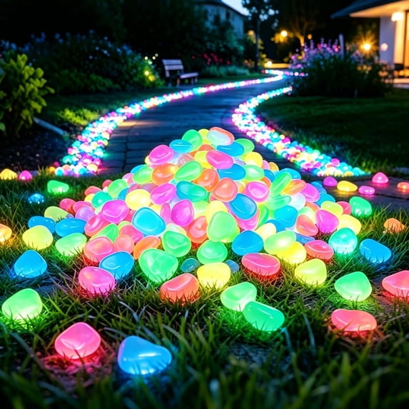 Glow in the Dark Rocks Rainbow Glow Pebbles, Solar Charging No Battery, Weather Resistant for Garden Walkway Driveway Night Guide