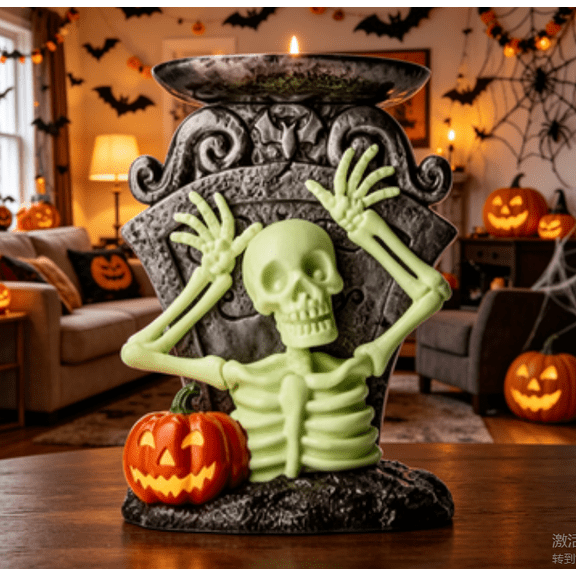 Glow-in-the-Dark Skeleton Boo , Glow In The Dark Skeleton Tombstone Wax Melt Holder, Halloween Pumpkin Accent Resin Fragrance Warmer for Seasonal Tabletop Decor