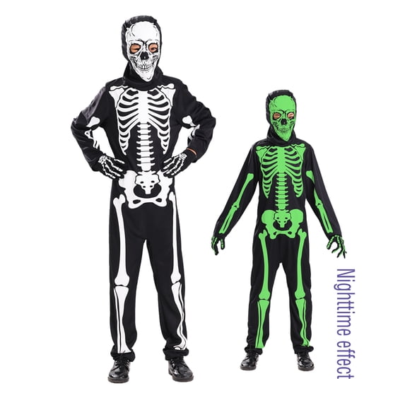 Glow in the Dark Skeleton Costume for Kids, Skelebones Costume, Bone Jumpsuit, Kids Halloween Dress Up 3-10 Years