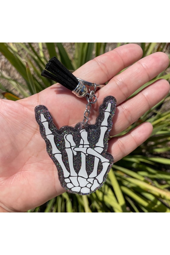 Glow in the Dark Skeleton Rock On Keychain, Rock On Keychain, Skeleton Keychain, Glow in the Dark Keychain, Heavy Metal Keychain (1 keychain)