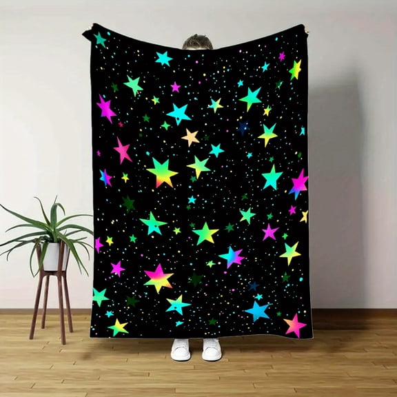 Glow-in-the-Dark Star Blanket, Heavyweight 280GSM Flannel Bedspread with Neon Stars, All-Season Throw for Bed Couch Travel Camping, 30x40/50 Inches