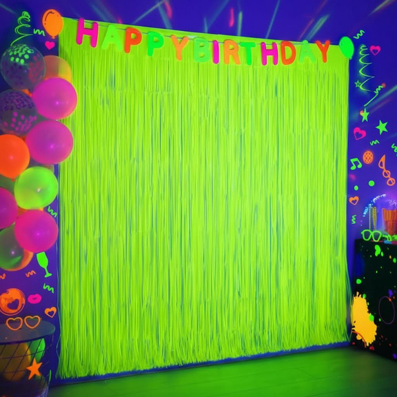 Glow in the Dark Tinsel Fringe Curtain Backdrop, 2 Pack Fluorescent Green Foil Party Decorations for Photo Booth, Birthday, Pool & Nightclub Events