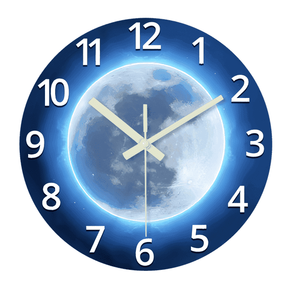 Glow in the Dark Wall Clock 12 Inch Blue Moon Wall Clocks Battery Operated Silent