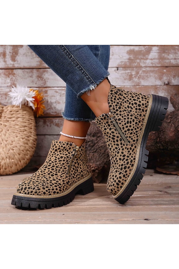 Women’s Leopard Print Ankle Boots – Side Zip Slip-On, Anti-Slip Lug Sole Comfortable Walking Booties for Winter & Spring Daily Outfits