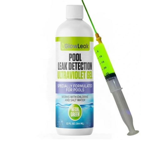 GlowLeak Leak Detector For Pools W/ Applicator Green - 12oz - Pool Leak Detection Ultraviolet Gel - Specially Formulated for Pools - Works with Chlorine and Salt Water