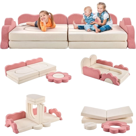 GlowPlume 12-Piece Modular Foam Sofa Convertible Sectional Lounge Chair Play Mat Set Pink White Corduroy