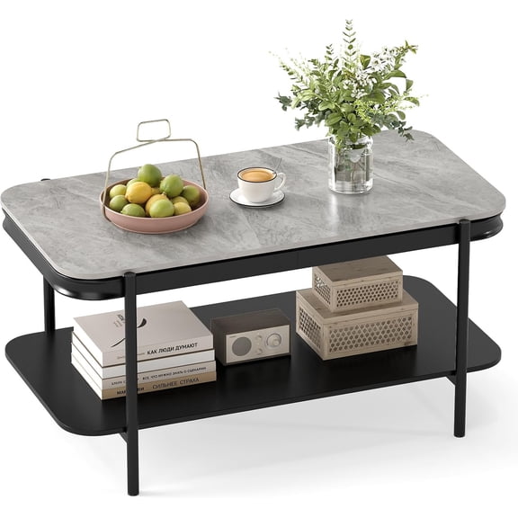 GlowPlume 2-Tier Coffee Table with Storage, Faux Mable Center Table w/Sintered Stone Top, Accent Cocktail Table with Heavy-Duty Metal Frame, Modern Gold Living Room Tables, Gray+Black