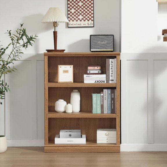 GlowPlume 3-Shelf Bookcase Wooden Bookshelves 33in Wide Floor Standing Display Storage Shelves Oak Bookcase for Home Office, Living Room, Bed Room