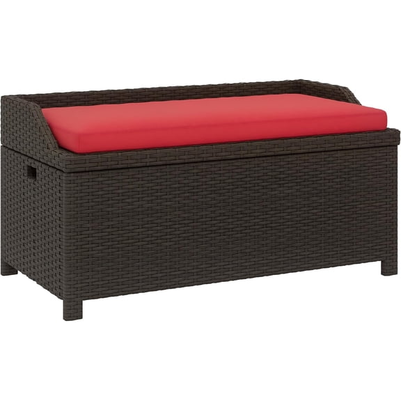 GlowPlume 34 Gallon Outdoor Wicker Storage Bench Deck Box, PE Rattan Patio Furniture Pool Storage Bin Container with Interior Waterproof Cloth Bag and Comfortable Cushion, Red