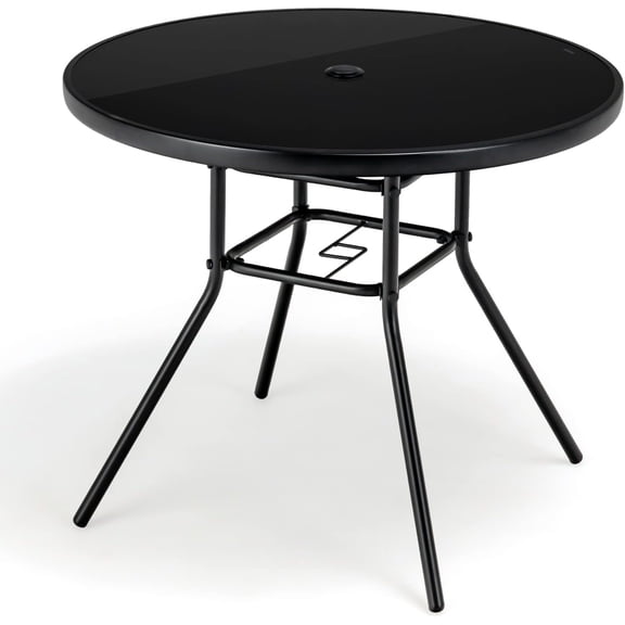 GlowPlume 34 Inch Patio Dining Table, Round Tempered Glass Table with 1.5” Umbrella Hole, Heavy-Duty Metal Frame, Outdoor Metal Dining Table for Garden, Balcony, Porch