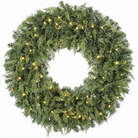 GlowPlume 48 in Pre-Lit Cedar Artificial Christmas Wreath with 550 Tips | Christmas Decoration with 150 Warm White LED Lights, 8 Modes for Door, Mantel, Window, Indoor, Covered Outdoor, Green