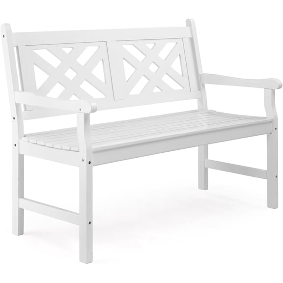 GlowPlume 50" Outdoor Wood Bench, Weatehr Resistant Wooden Garden Patio Bench with Comfortable Backrest & Curved Armrest, 800lb Capacity Loveseat for Front Porch Park Yard Deck (White, Geometric)