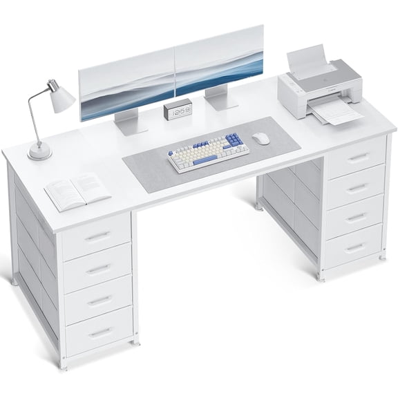 GlowPlume 55 Inch Computer Desk with 8 Fabric Drawers, Modern Office Desk with Large Storage for Home Office, Study, Gaming, White